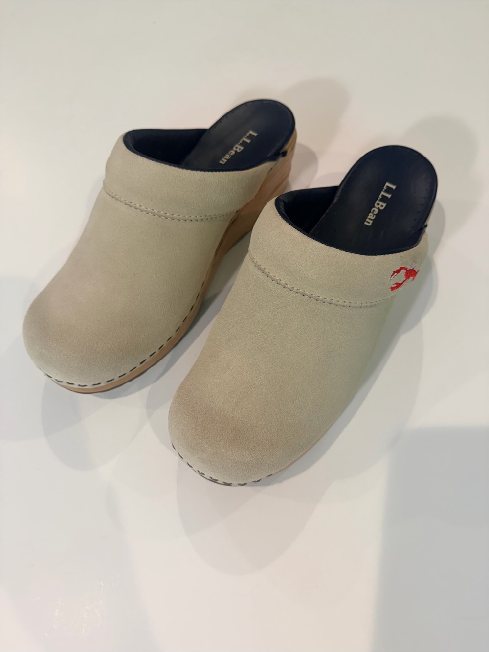 L.L. Bean Beige Suede Clog Mules with Wood-Look Sole